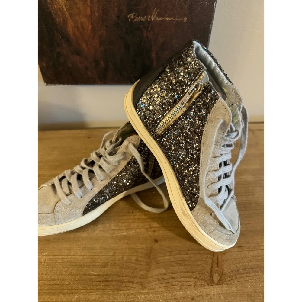 P448 Skate High Top Sneakers Grey Suede Black Glitter Python Zip‎ Shoes 6.5